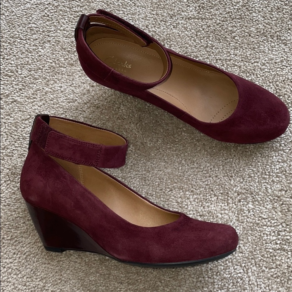 Clarks burgundy wedges with velcro ankle strap